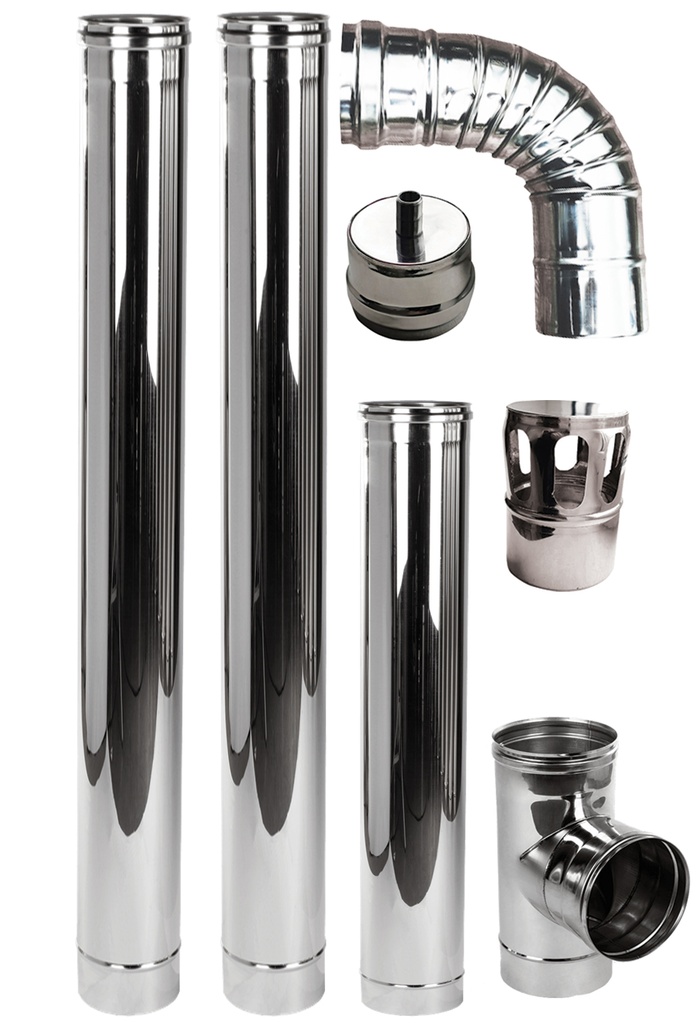 Cos de fum, Kit INOX pentru centrale si termoseminee pe peleti, Ø 100 mm, etansare cu garnitura, complet pentru montaj, 2,5 metri lungime