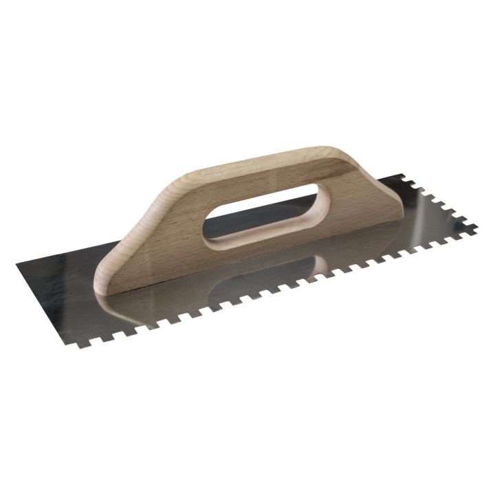 Gletieră inox crestată 8x8x8 mm cu mâner lemn, 270x130 mm