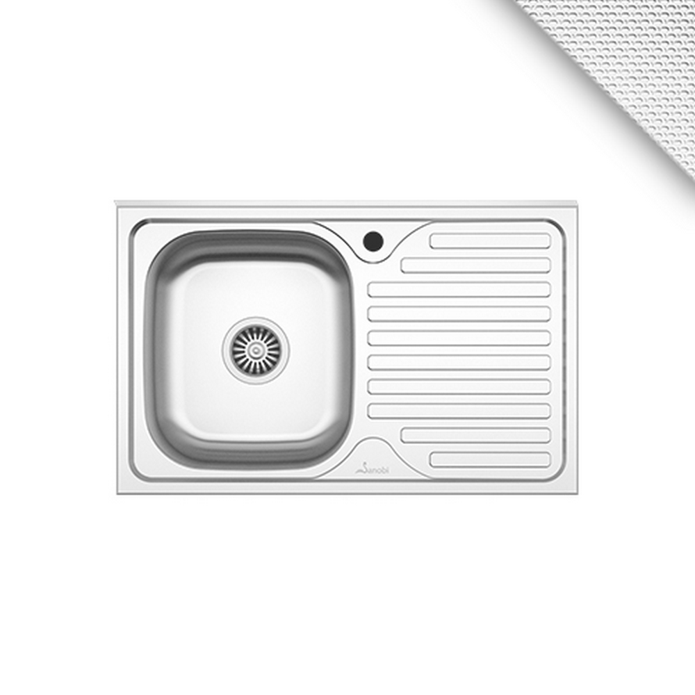 Chiuveta Bucatarie Sanobi, 80x50 cm, cu Picurator, Cuva pe Stanga, Inox Alimentar, Finisaj Linen, Chiuveta de Bucatarie Sanobi, Chiuveta Bucatarie Partea Stanga, Chiuveta Bucatarie Orientare Stanga, Chiuveta Bucatarie Inox, Chiuveta pentru Bucatarie