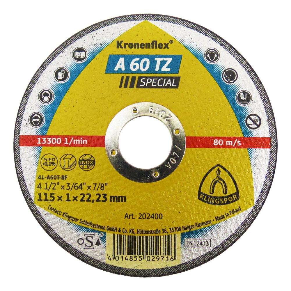 Disc de tăiere KLINGSPOR A 60 TZ Special plat 202400 pentru inox, oțel, 115x1mm