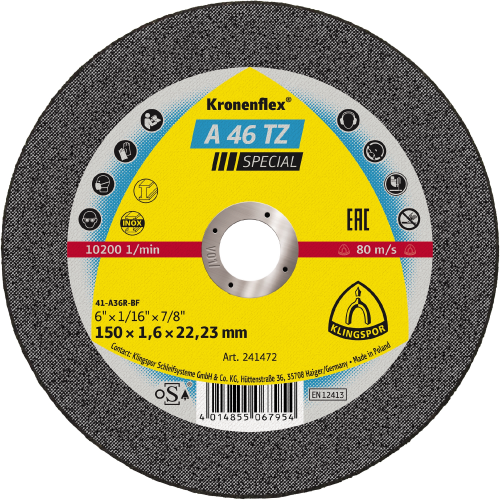 Disc de tăiere KLINGSPOR A 46 TZ Special plat pentru inox, oțel, 150x1.6 mm