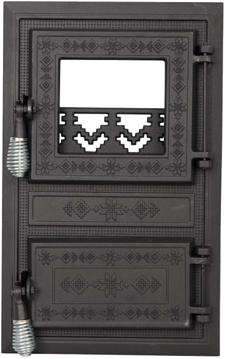 Ușă sobă monobloc din fontă cu geam, cenușar decor motive românești, 475x295 mm