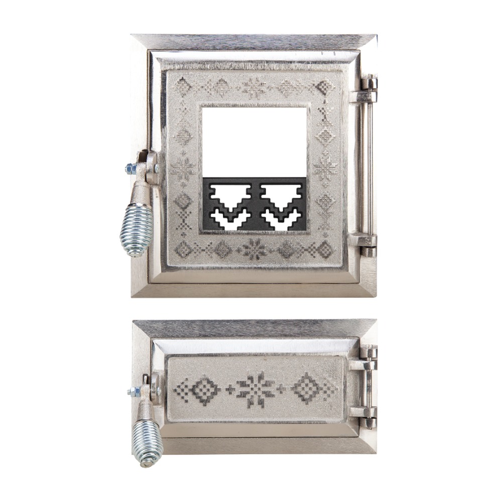 Ușă pentru sobă cu geam și cenușar nichelată decor motive romanesti, înalțime 275+140 x 255 mm lățime