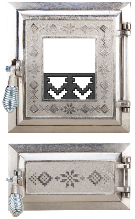 Ușă pentru sobă cu geam și cenușar nichelată decor motive romanesti, înalțime 275+140 x 255 mm lățime
