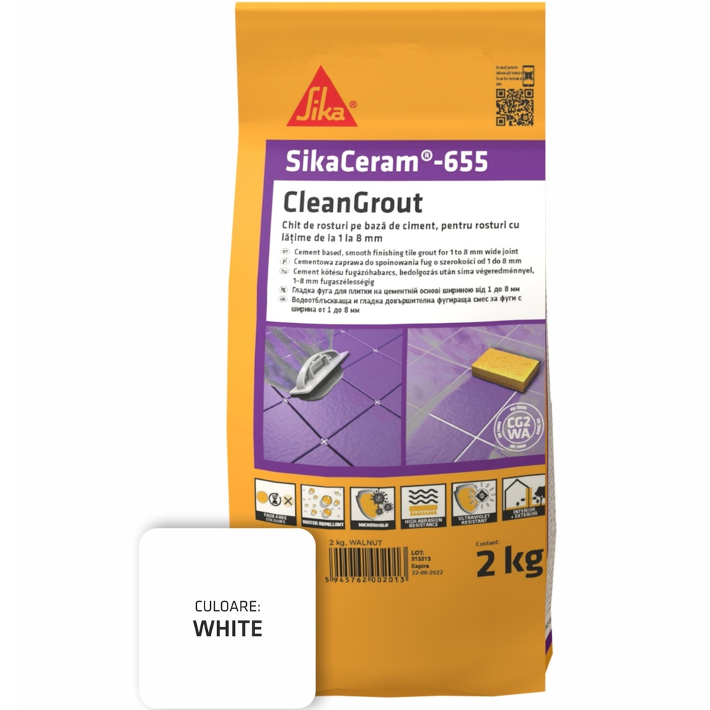 Chit de rosturi gresie și faianță SikaCeram 655 CleanGrout White, 2 kg