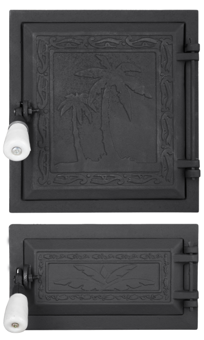 Ușă pentru sobă și cenușar din fontă model palmier, înalțime 270+140 x 250 mm lățime