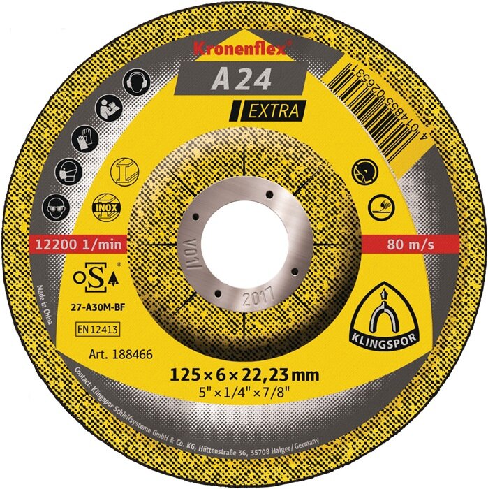 Disc de șlefuire KLINGSPOR A 24 Extra curbat 188466 universal pentru metal, 125x6x22.23 mm