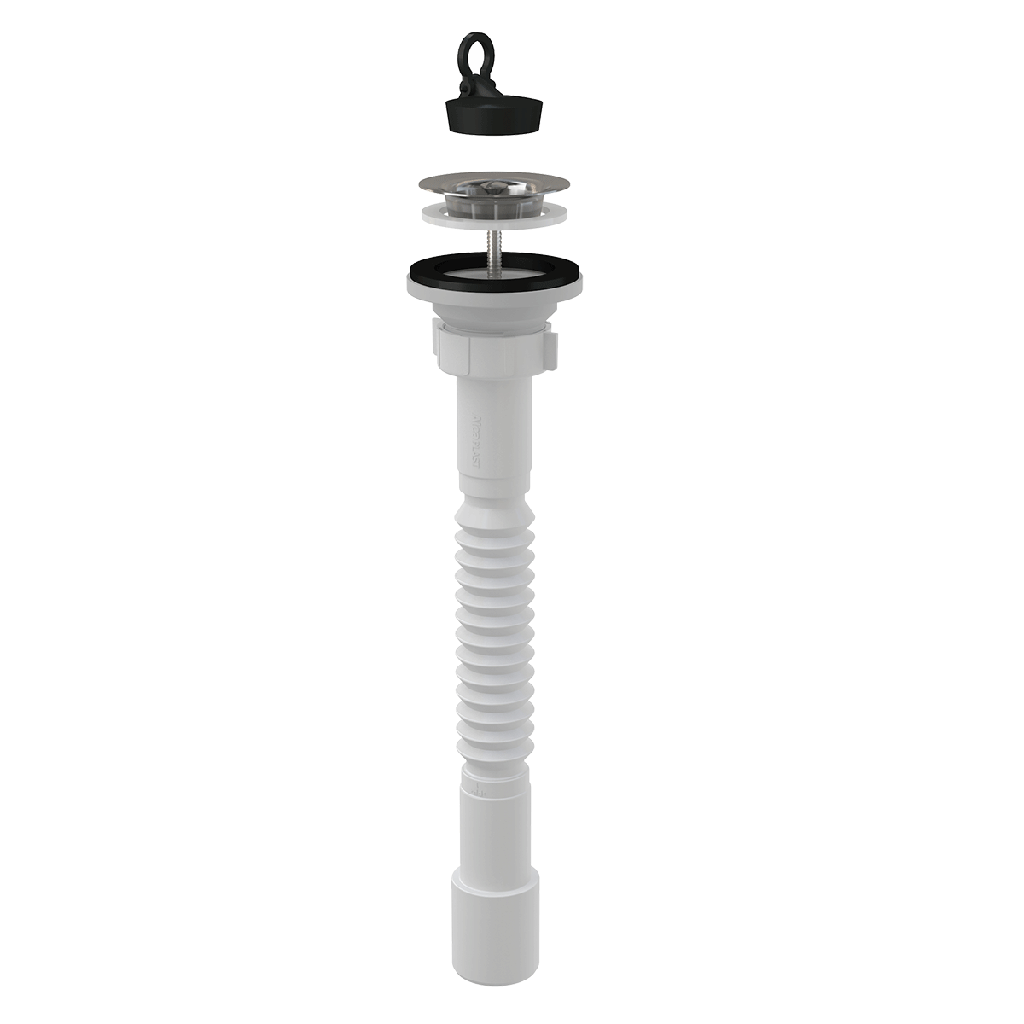 Racord A750+A31 flexibil 5/4"×32/40, cu piuliță din plastic, și ventil lavoar cu sită din oțel inoxidabil Ø 63