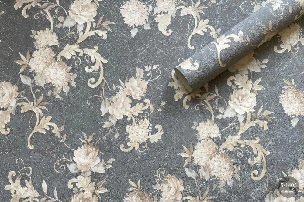 Tapet clasic dormitor, gri cu bej, model Agava, dimensiune 1.06m x 10,05m