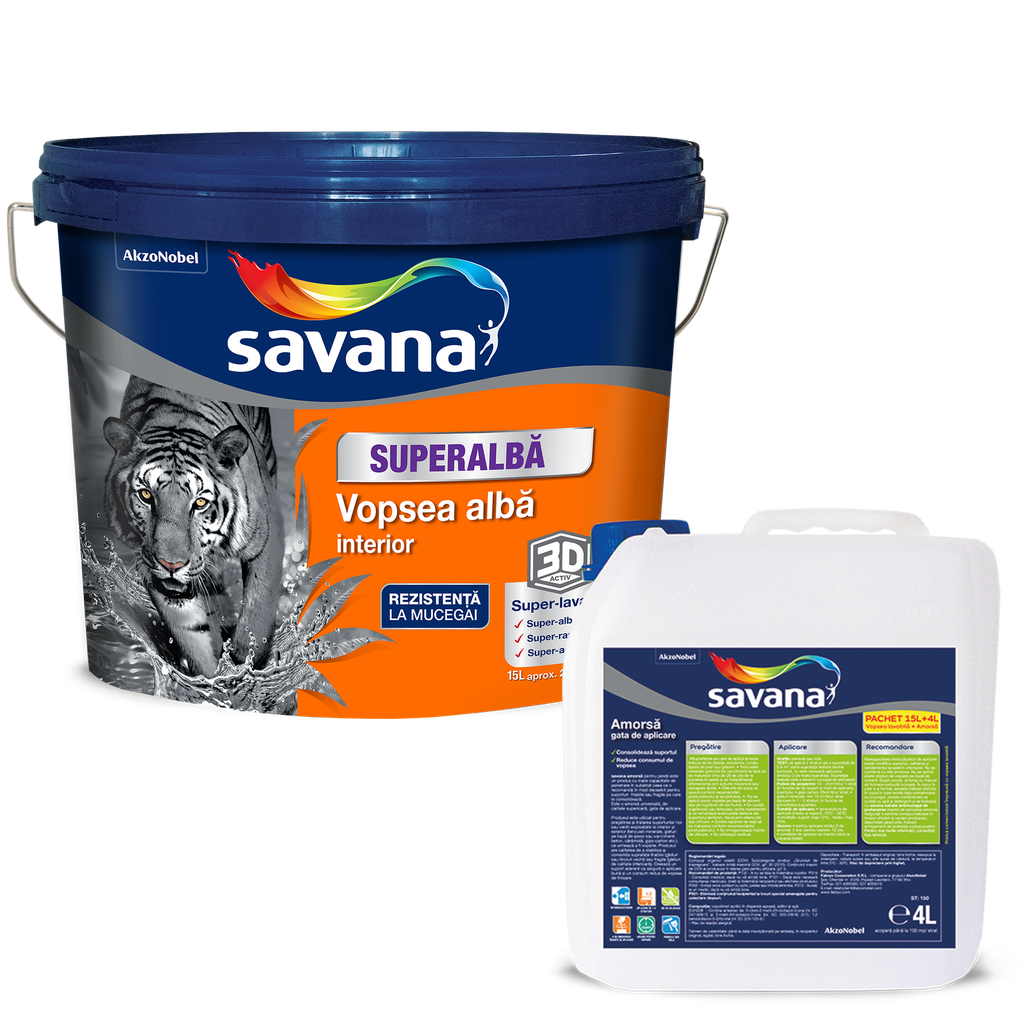 Vopsea Savana superalbă superlavabilă pentru interior, 3D ACTIV cu rezistentă la mucegai, 15 l +amorsa 4 l