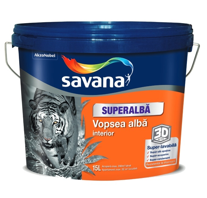 Vopsea Savana superalbă superlavabilă pentru interior, 3D ACTIV cu rezistentă la mucegai, 15 l