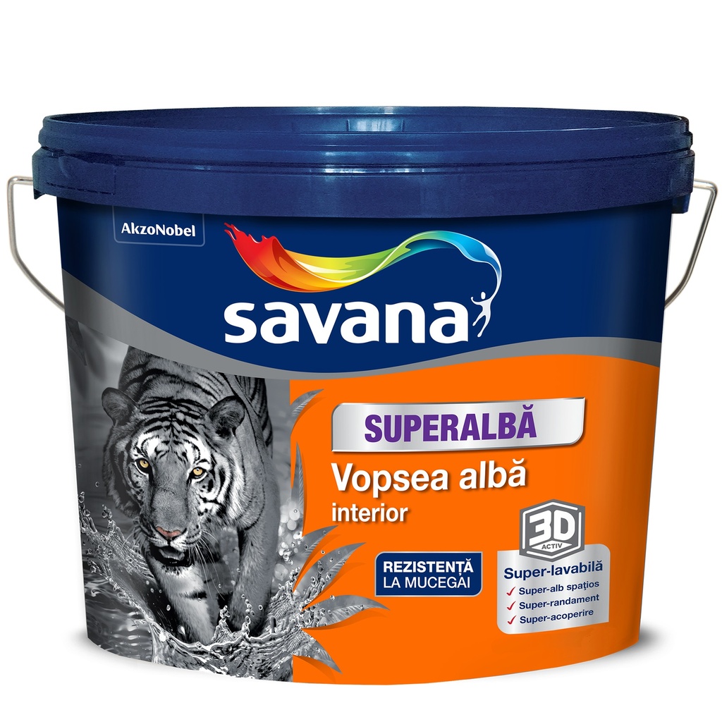 Vopsea Savana superalbă superlavabilă pentru interior, 3D ACTIV cu rezistentă la mucegai, 2.5 l
