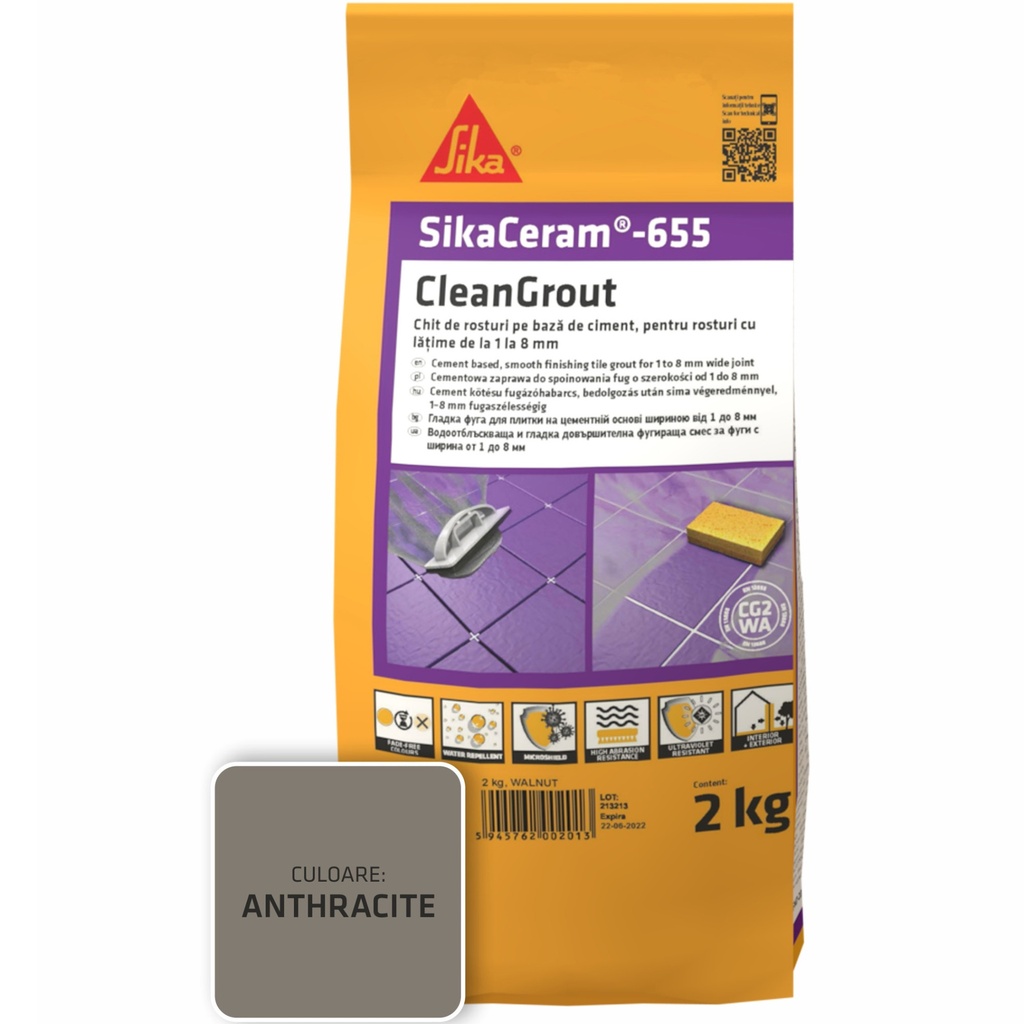 Chit de rosturi gresie și faianță SikaCeram 655 CleanGrout Anthracite, 2 kg
