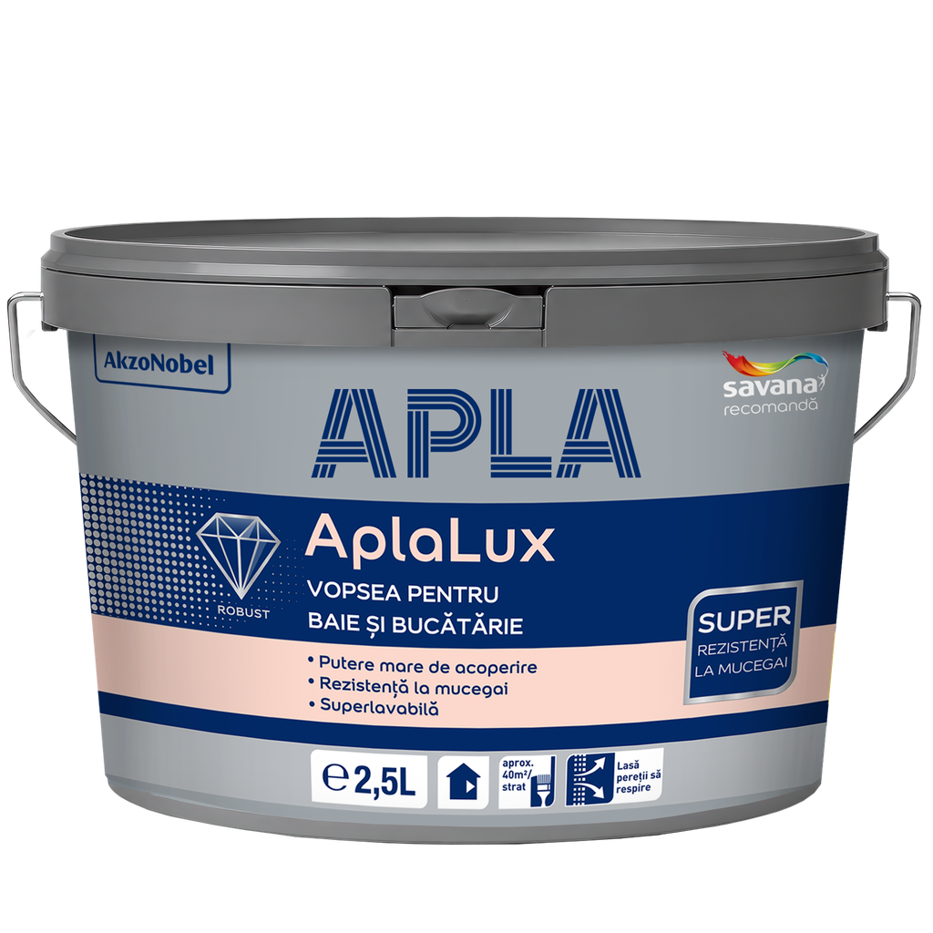 Vopsea superlavabilă antiucegai AplaLux albă, pentru baie și bucătărie, 2.5 l