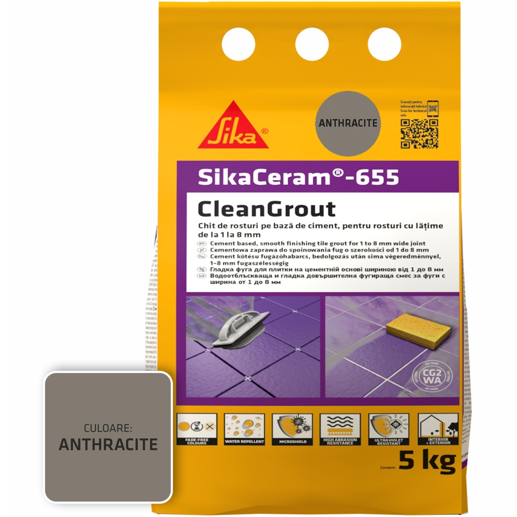 Chit de rosturi gresie și faianță SikaCeram 655 CleanGrout Anthracite, 5 kg