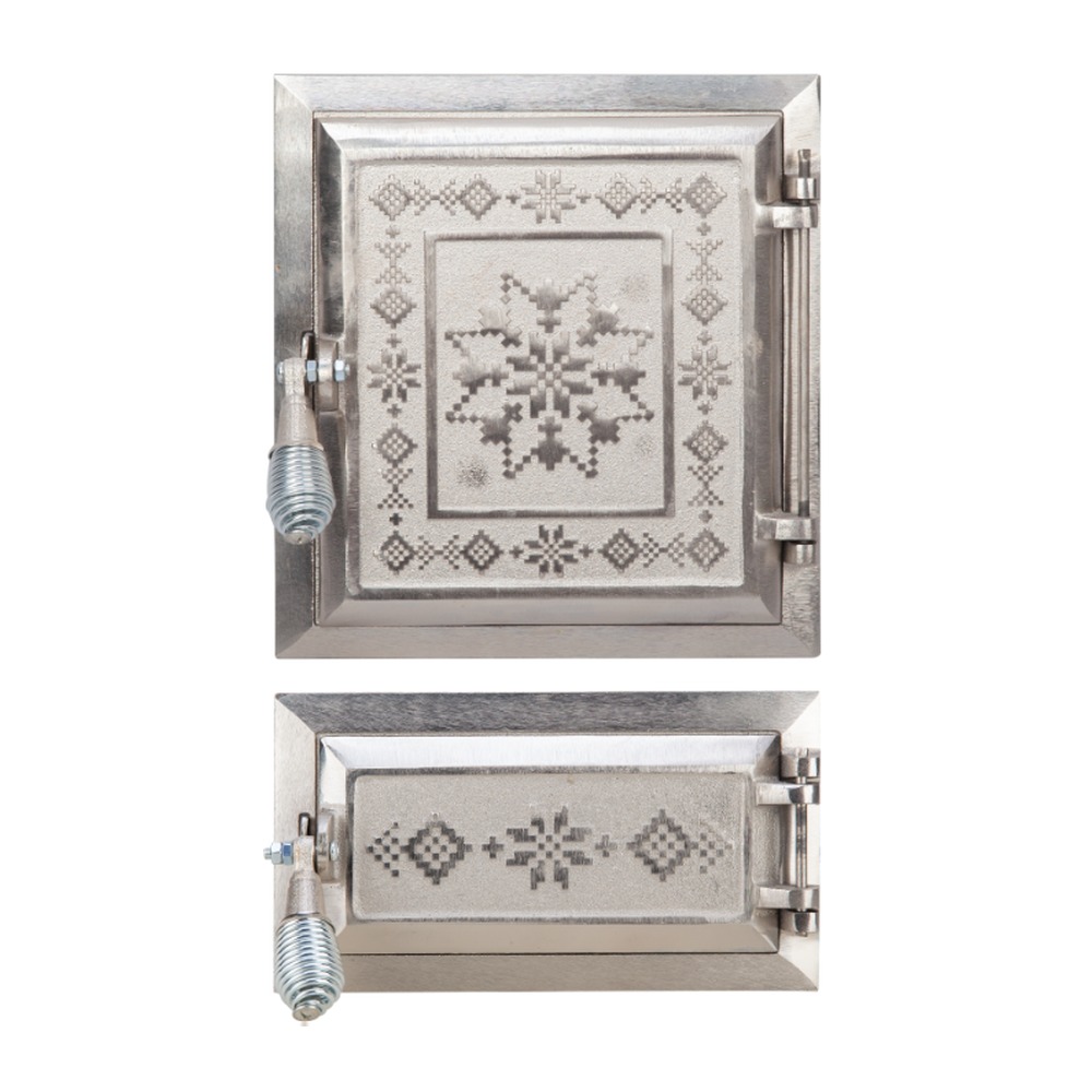 Ușă pentru sobă și cenușar nichelată decor motive romanesti, înalțime 275+140 x 255 mm lățime