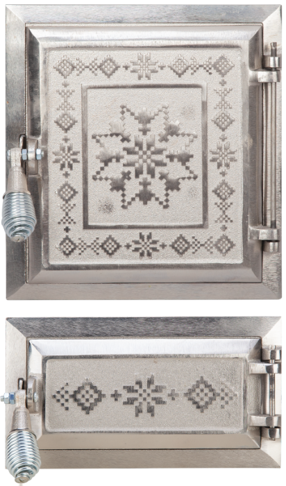 Ușă pentru sobă și cenușar nichelată decor motive romanesti, înalțime 275+140 x 255 mm lățime