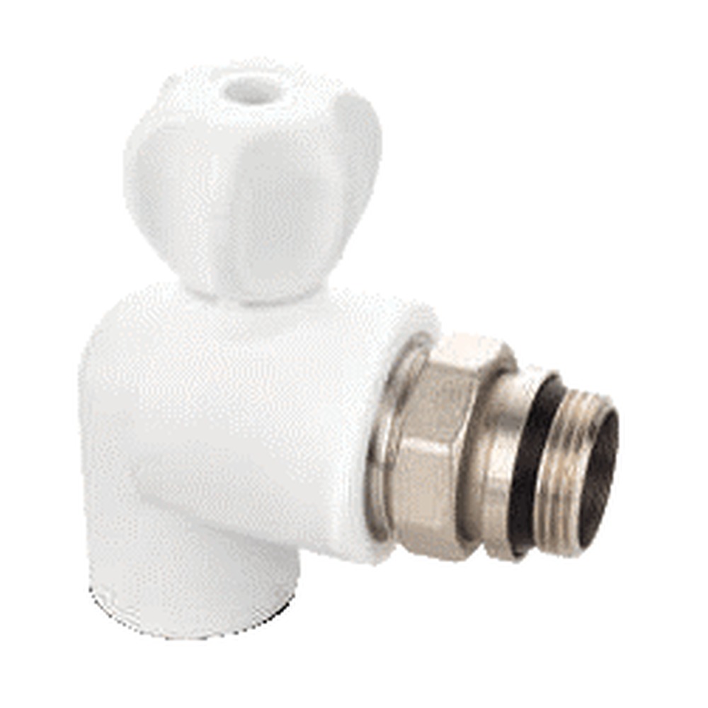Robinet radiator colț din PP-R alb cu bilă și garnitură, 20x1/2” fe