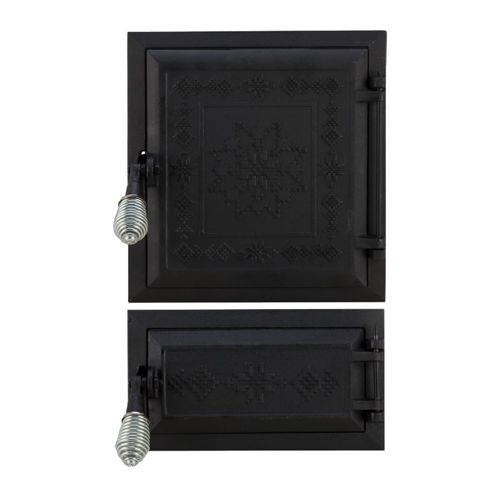 Ușă pentru sobă și cenușar din fontă model Motive romanesti, înalțime 275+140 x 255 mm lățime
