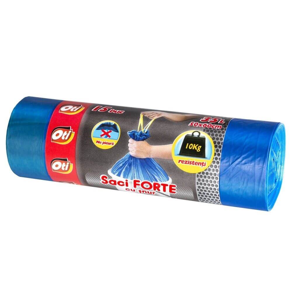 Saci menajeri forte cu șnur de legat albastru 35 l, 50x60 cm, 15 bucăți/rolă