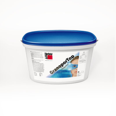Tencuială decorativă Baumit GranoporTop 25 kg, structură 1,5 mm, pe bază de rășini, pentru fațade, alb/colorat
