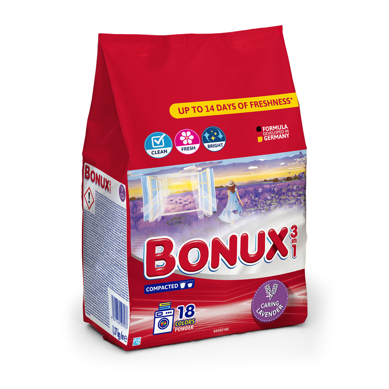 Detergent automat de rufe BONUX 3 în1 Caring Lavender, pudra, 18 spalari, 1.17 kg