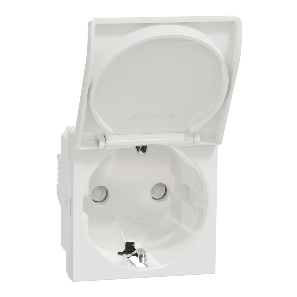 Priză simplă albă cu împământare Schneider Unica NU303718TA, capac de protecție