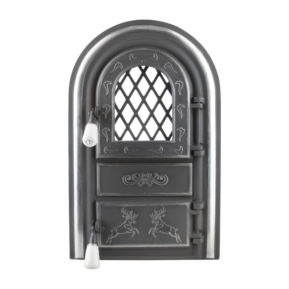 Ușă șemineu nichelată cu geam și cenușar decor cerbi, 555x345 mm