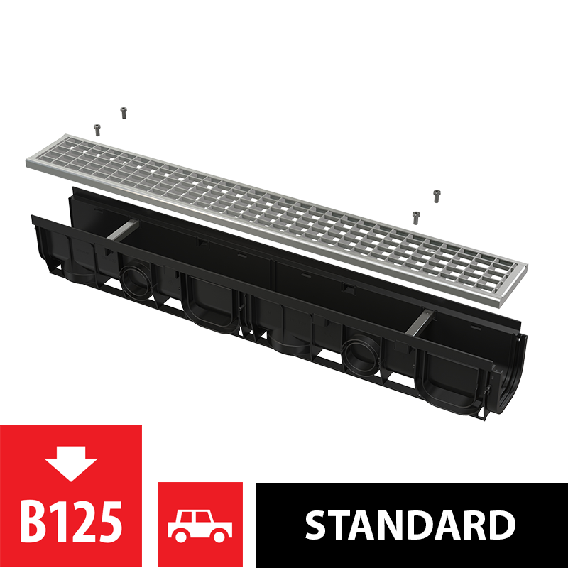 Rigolă de exterior de 100 mm AVZ102-R103 cu rama din plastic și grătar galvanizat, clasa B125