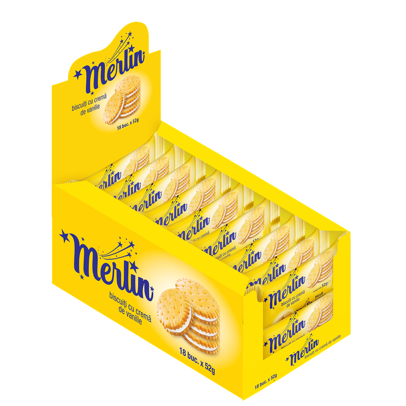 Biscuiti sandwich MERLIN cu crema cu aroma de vanilie, 52 gr