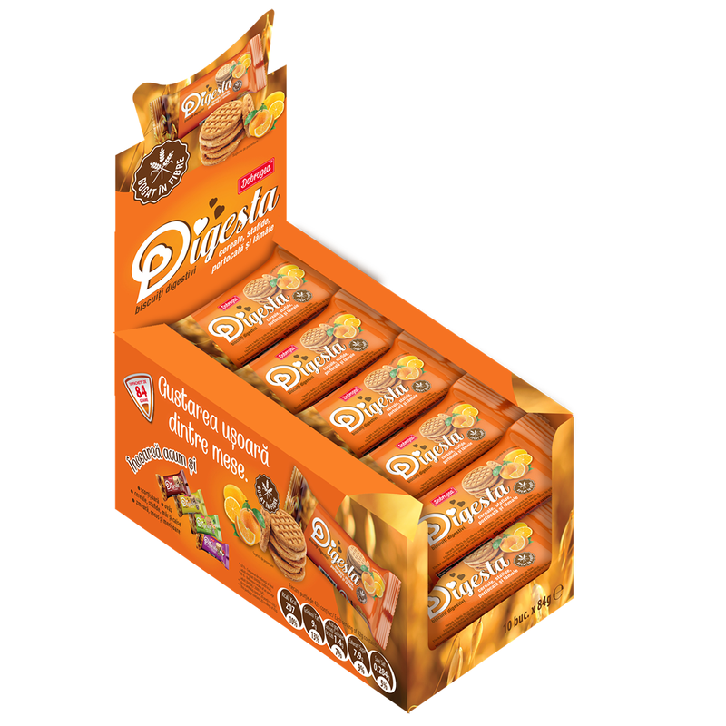 Biscuiti digestivi DIGESTA cu cereale stafide portocala si lamaie, 84 gr