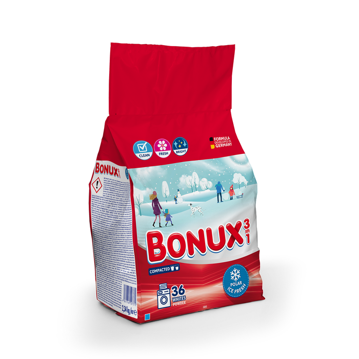 Detergent automat de rufe, pudra BONUX 3 in 1 Polar Ice Fresh, 36 spalari, 2.34 kg
