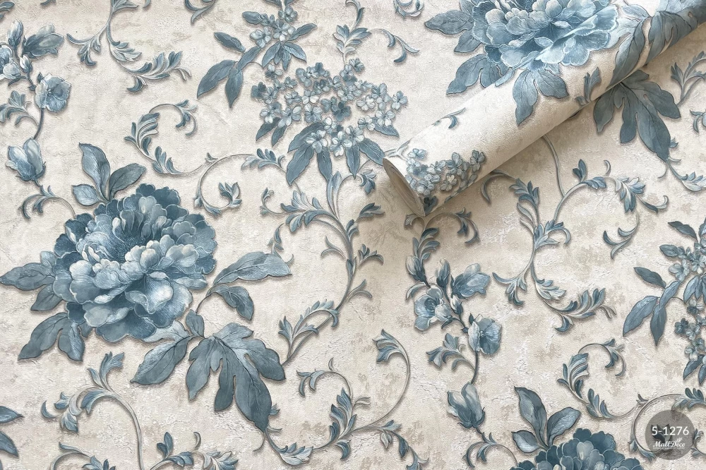 Tapet albastru living, vinil floral, model Sofia, dimensiune 1.06m x 10,05m