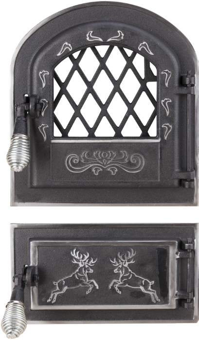 Ușă pentru sobă cu geam și cenușar din fontă decor argintiu cerbi, înalțime 275+140 x 255 mm lățime