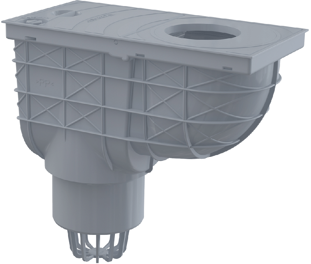 Racord de burlan AGV1S, 300×155/110 mm cu clapetă şi coş de colectare cu ieşire verticală, gri