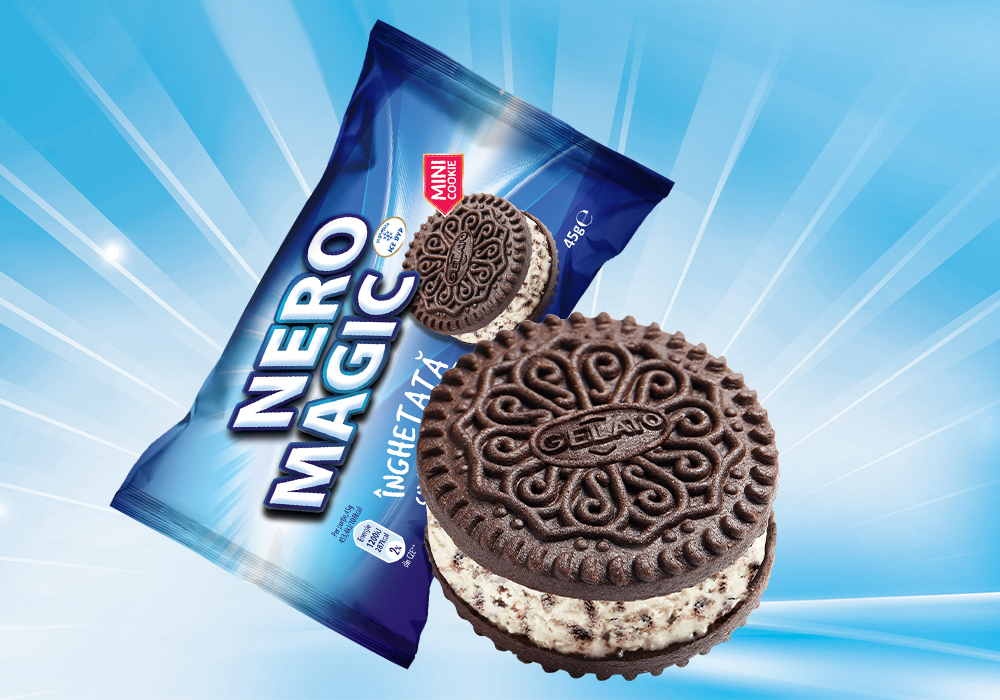 Înghețată sandwich Nero Magic cu biscuite de cacao, 80 ml