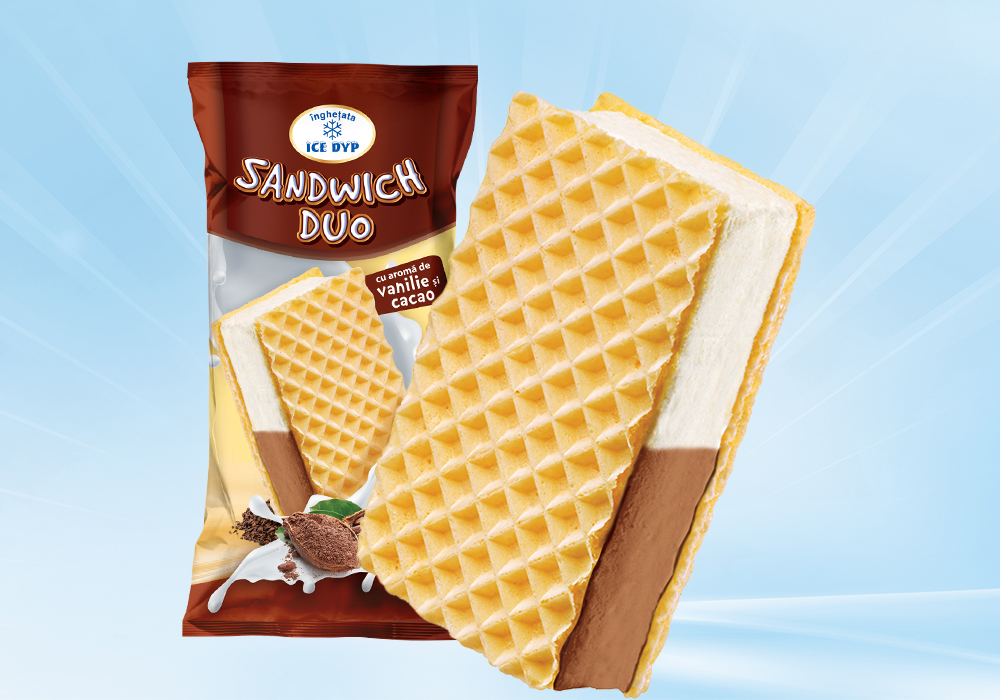 Înghețată sandwich Duo cu napolitană, vanilie și cacao, 130 ml