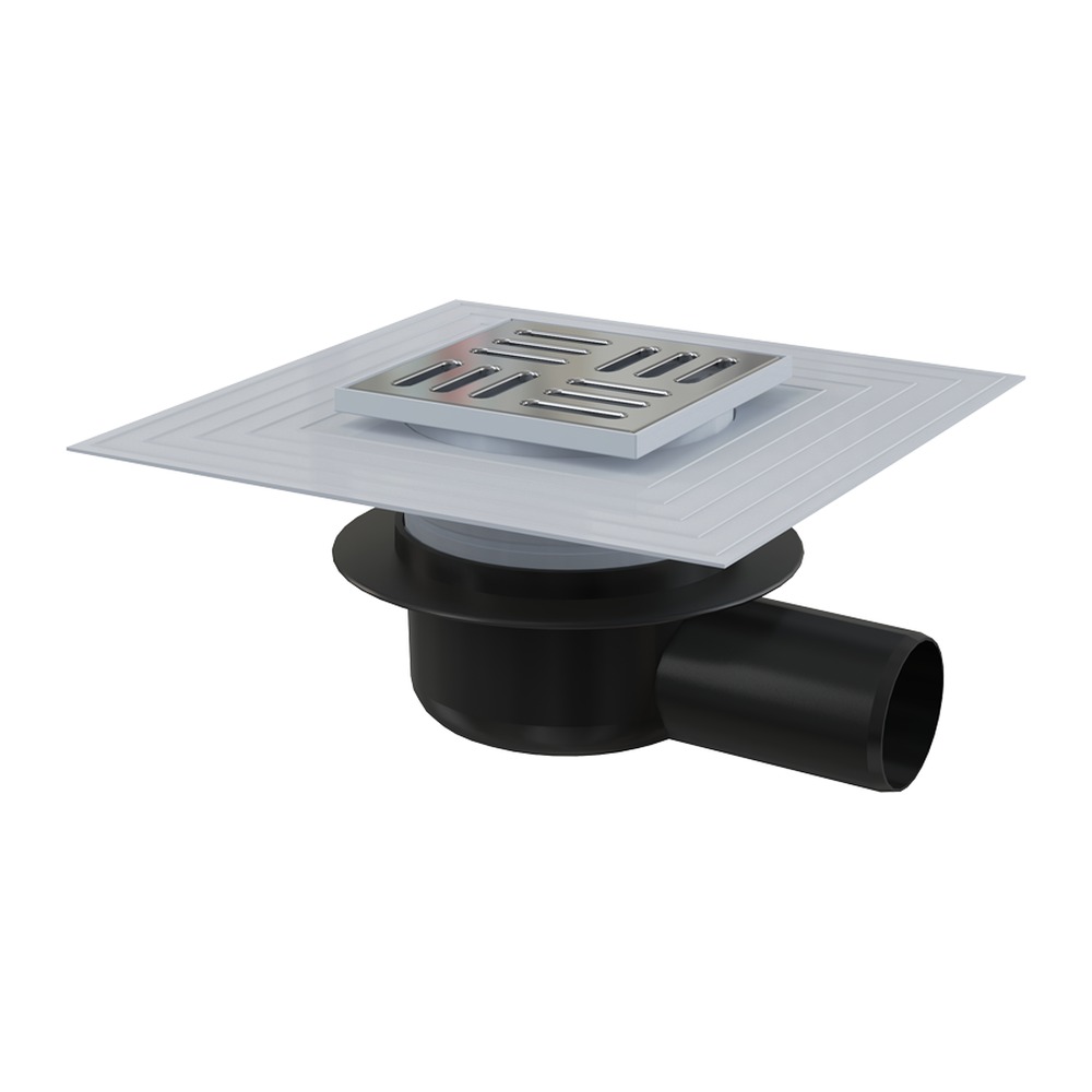 [P004639] Sifon pardoseală 105×105/110 mm ieşire laterală, grătar din inox, izolaţie suplimentară, reţinere a mirosurilor uscat