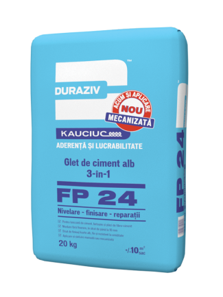 DURAZIV FP 24 Glet de ciment alb 3-în-1 nivelare-finisare-reparații, rezistent la umiditate, aditivat cu Kauciuc ®, 20 kg