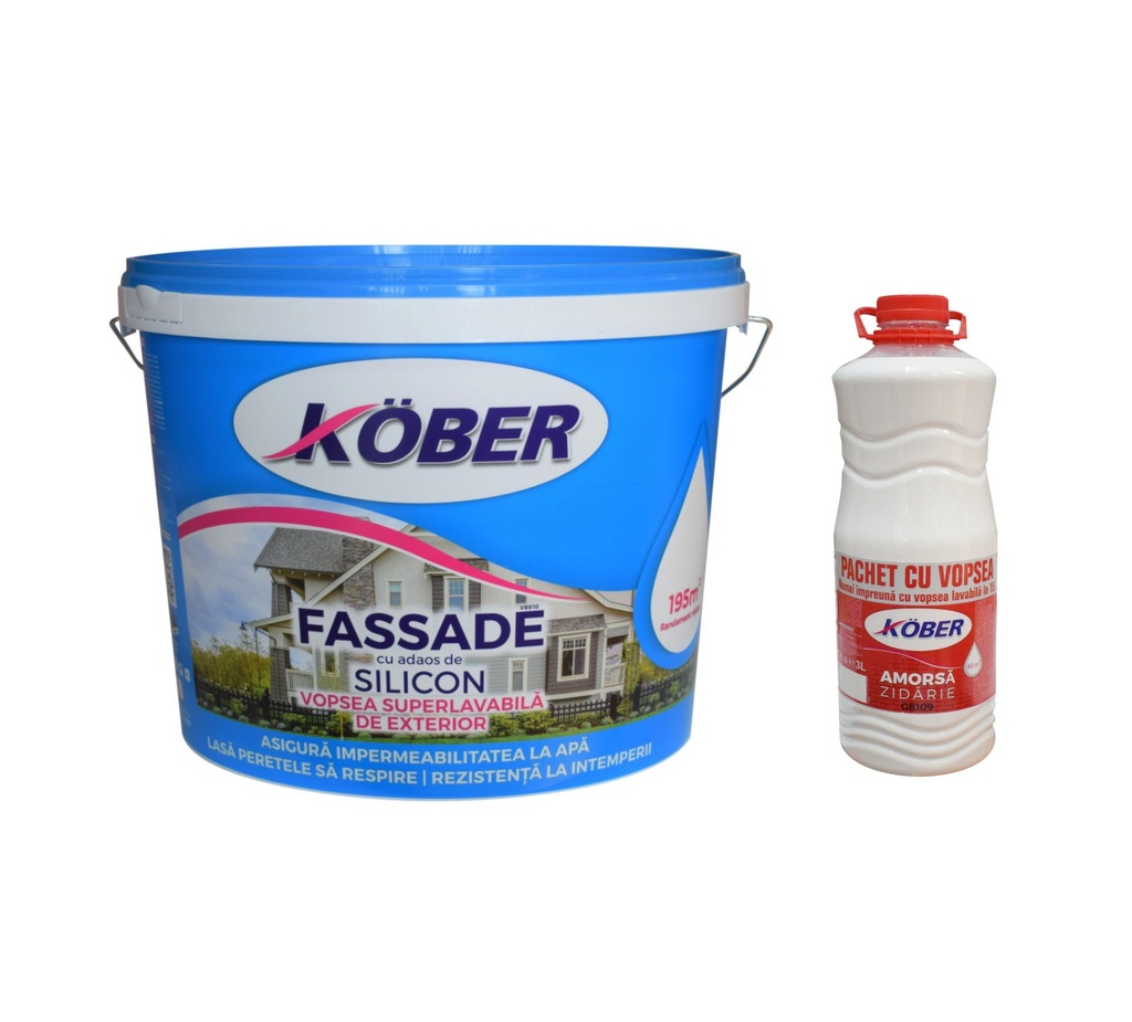 Vopsea lavabilă de exterior Kober Fassade albă mat cu silicon, 15 l + amorsă 3 l gratis