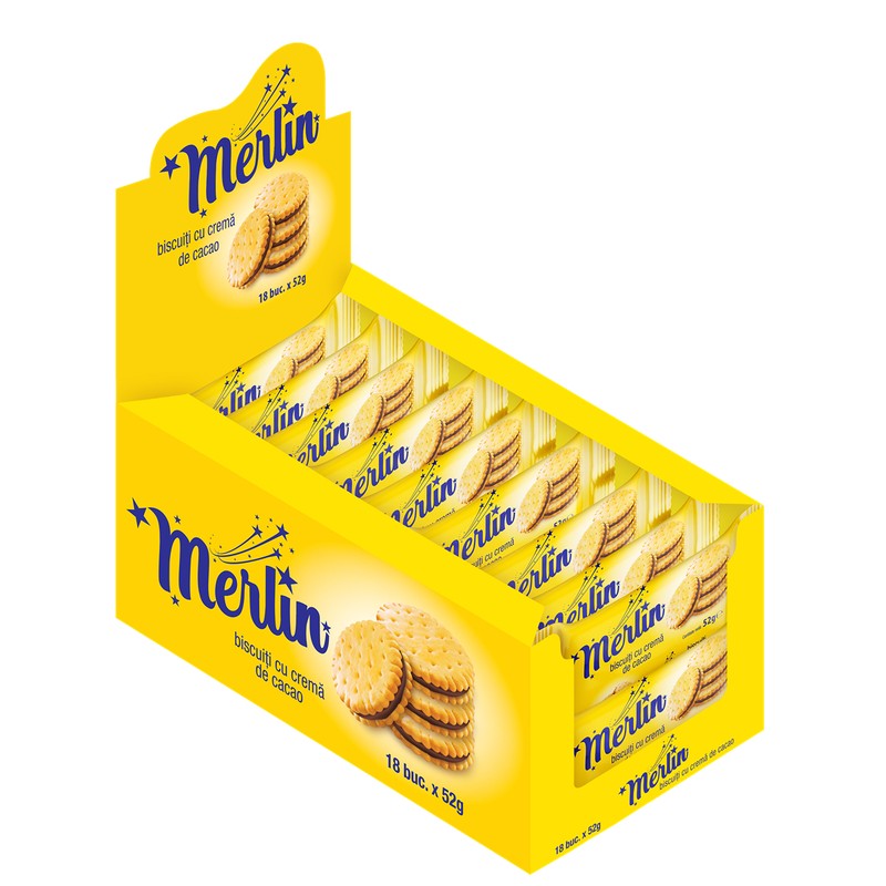 Biscuiti sandwich MERLIN cu crema de cacao, 52 gr