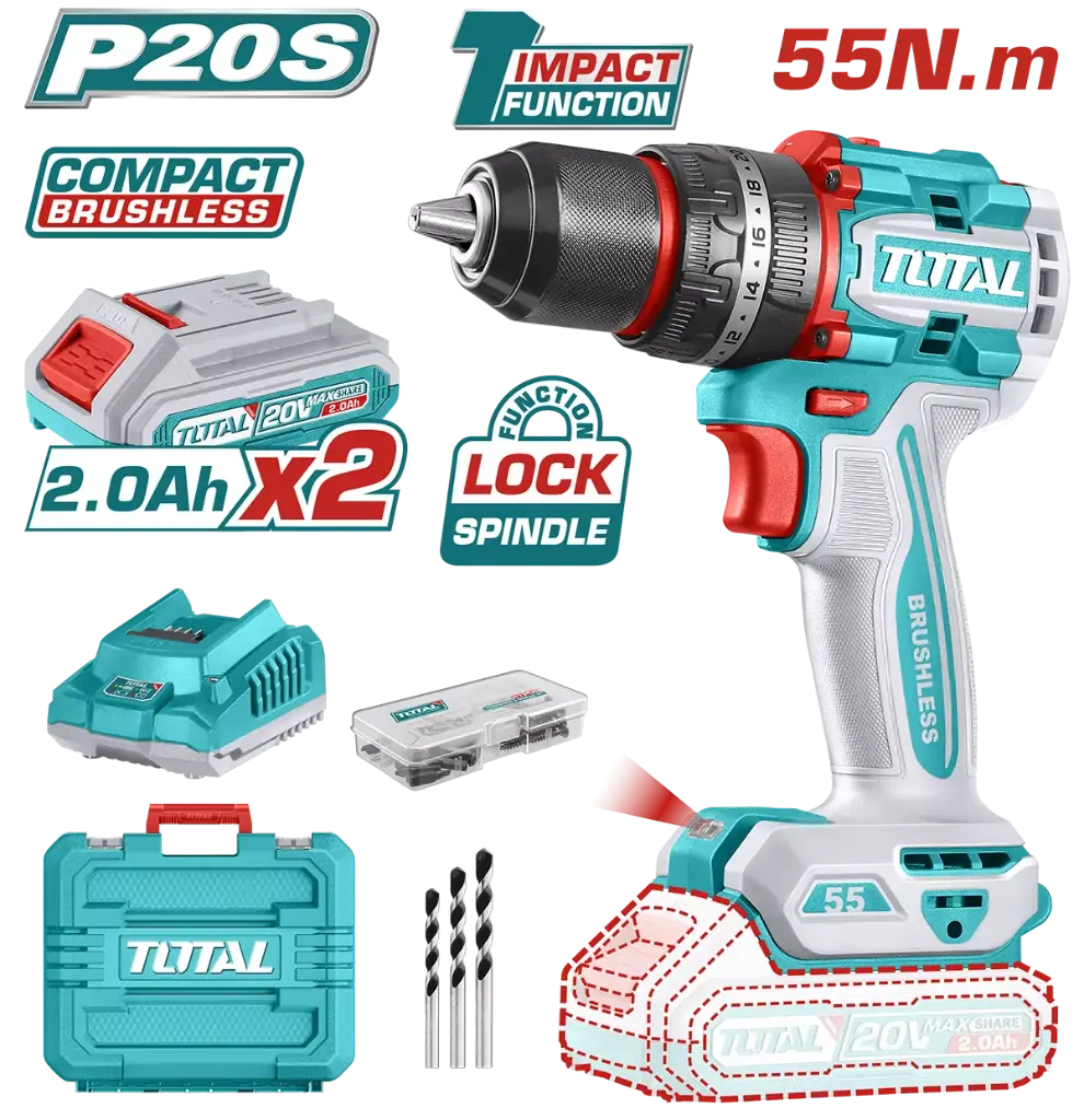 Mașină de găurit și înșurubat TOTAL 20 V incl. cutie + 2 acumulatori Li-Ion 2.0Ah + 1 incarcator