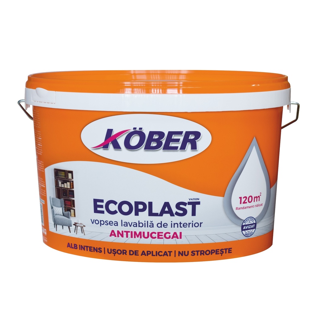 Vopsea lavabilă Kober Ecoplast albă intens-mat pentru interior antimucegai, 15 l