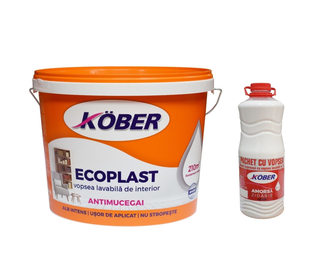 Vopsea lavabilă Kober Ecoplast albă intens-mat pentru interior antimucegai, 15 l + gratuit amorsă 3 l 