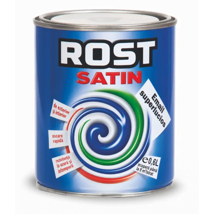 Vopsea alchidică pentru lemn/metal Rost Satin interior/exterior alb, 0.6 l