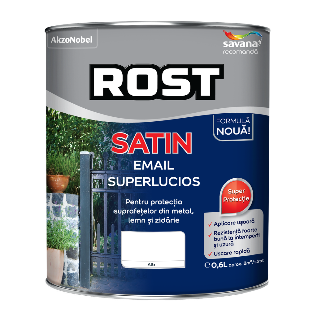 Vopsea alchidică pentru lemn/metal Rost Satin interior/exterior alb, 0.6 l