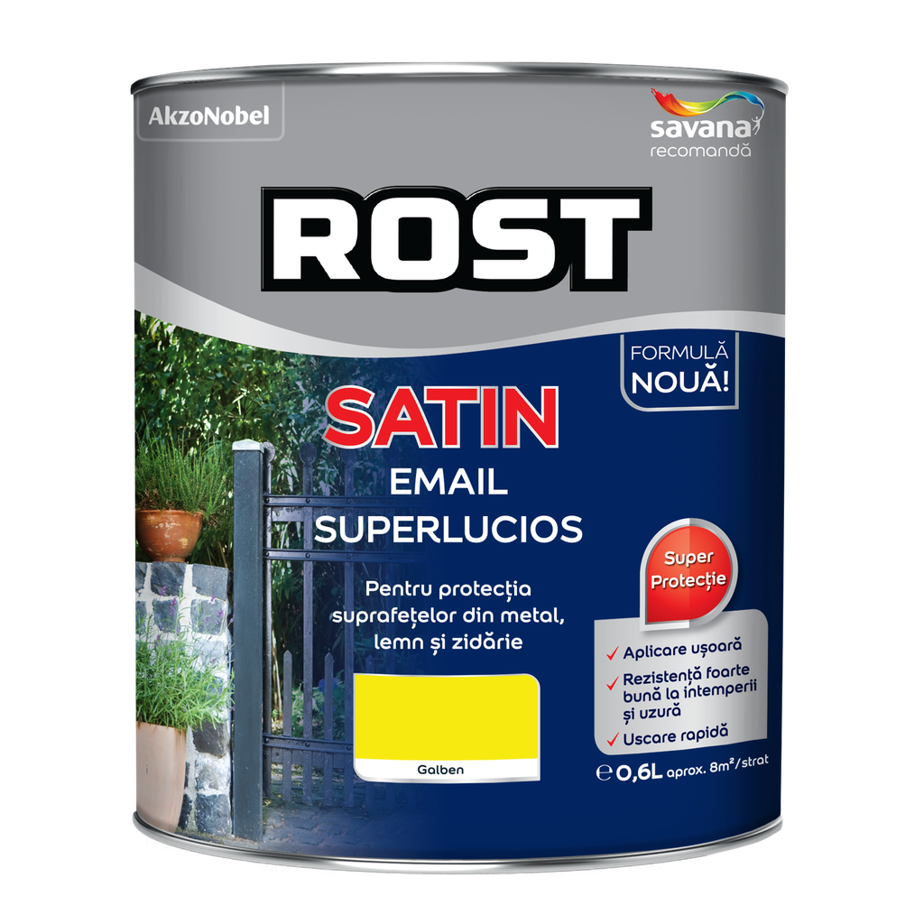 Vopsea alchidică pentru lemn/metal Rost Satin interior/exterior galben, 0.6 l