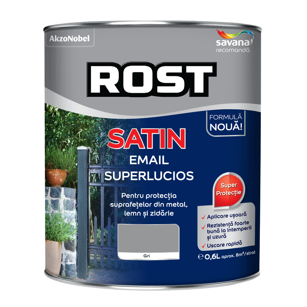 Vopsea alchidică pentru lemn/metal Rost Satin interior/exterior gri, 0.6 l