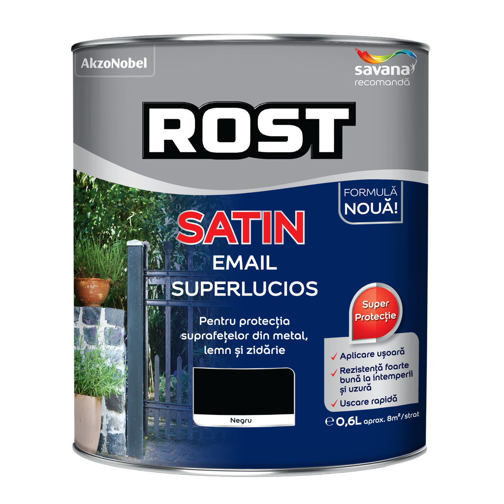 Vopsea alchidică pentru lemn/metal Rost Satin interior/exterior negru, 0.6 l