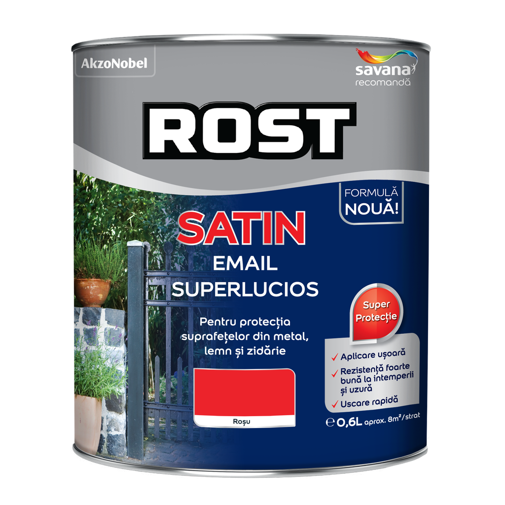 Vopsea alchidică pentru lemn/metal Rost Satin interior/exterior roșu, 0.6 l